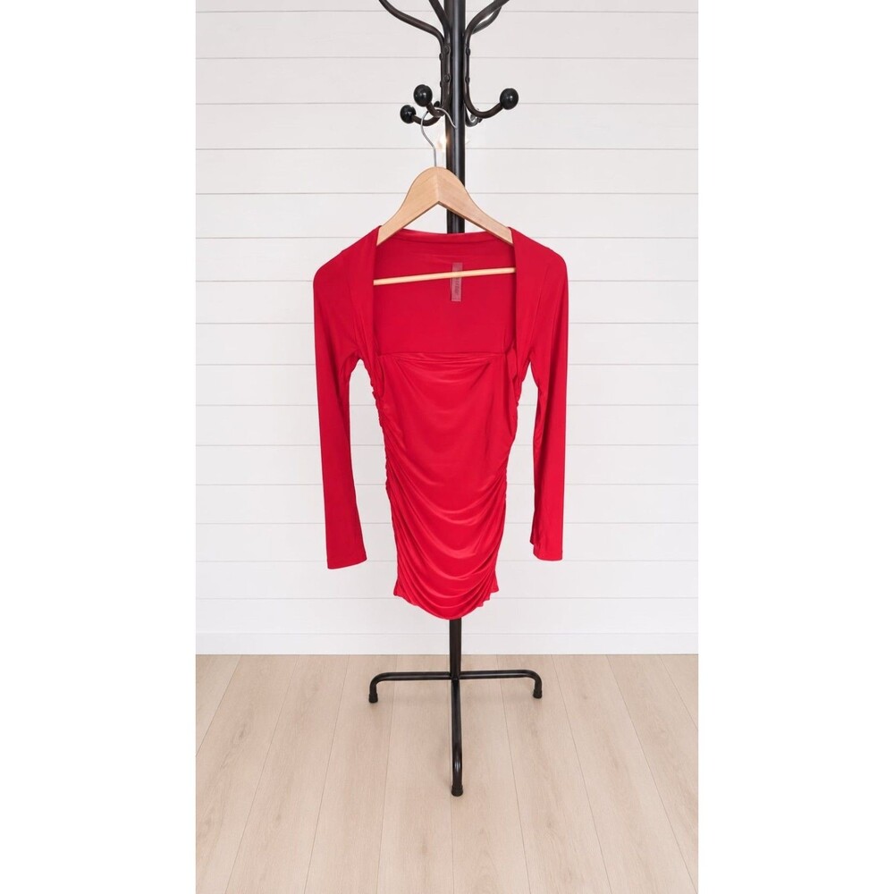 Tresser Red Bodycon Long Sleeve Square Neck Ruched Dress Medium